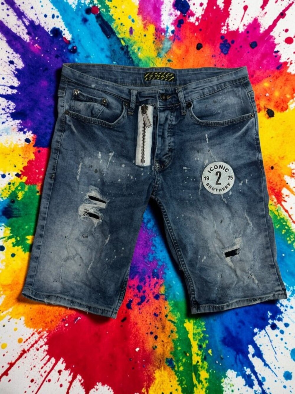 XWAY Y2K Punk Graphic Street Wear Shredded Iconic Brothers Denim Jean Shorts W32